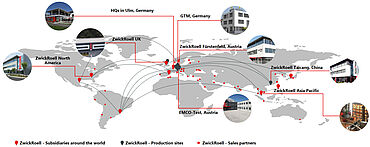 Skupina ZwickRoell s proizvodnimi obrati, hčerinskimi podjetji ter prodajnimi in storitvenimi podjetji v 56 državah po vsem svetu
